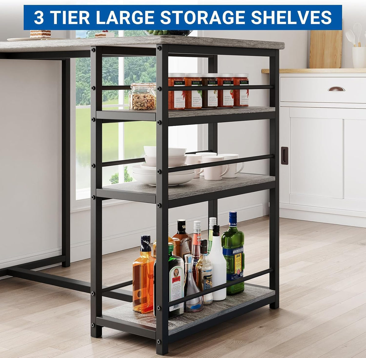 Crevyteg 3-Piece Breakfast Bar Set with 2 PU Leather Stools, Space-Saving Bar Table with 3-Tier Storage Shelf, High-Back Stools for Kitchen/Dining