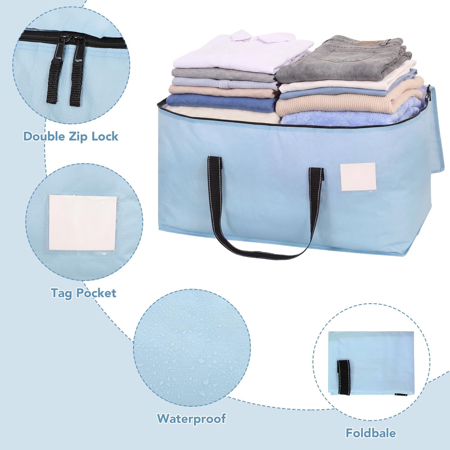 Dntorx 4 Pack 90L Moving Bags,Waterproof Moving Boxes with Zips,Light Blue