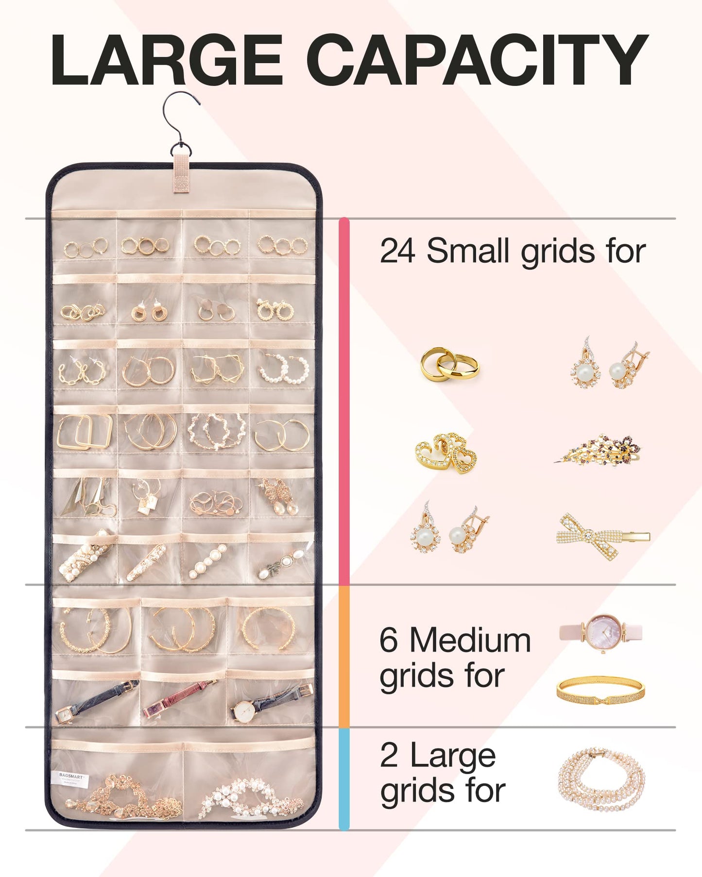 bagsmart Dual-sided Jewelry Organizer Hanging with Metal Hooks,32 Pockets and 3 Wave-Shaped Hooks,Jewelry Roll for Earrings,Necklaces,Rings on