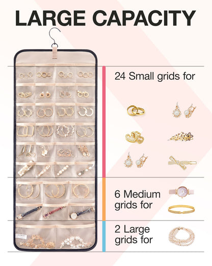 bagsmart Dual-sided Jewelry Organizer Hanging with Metal Hooks,32 Pockets and 3 Wave-Shaped Hooks,Jewelry Roll for Earrings,Necklaces,Rings on