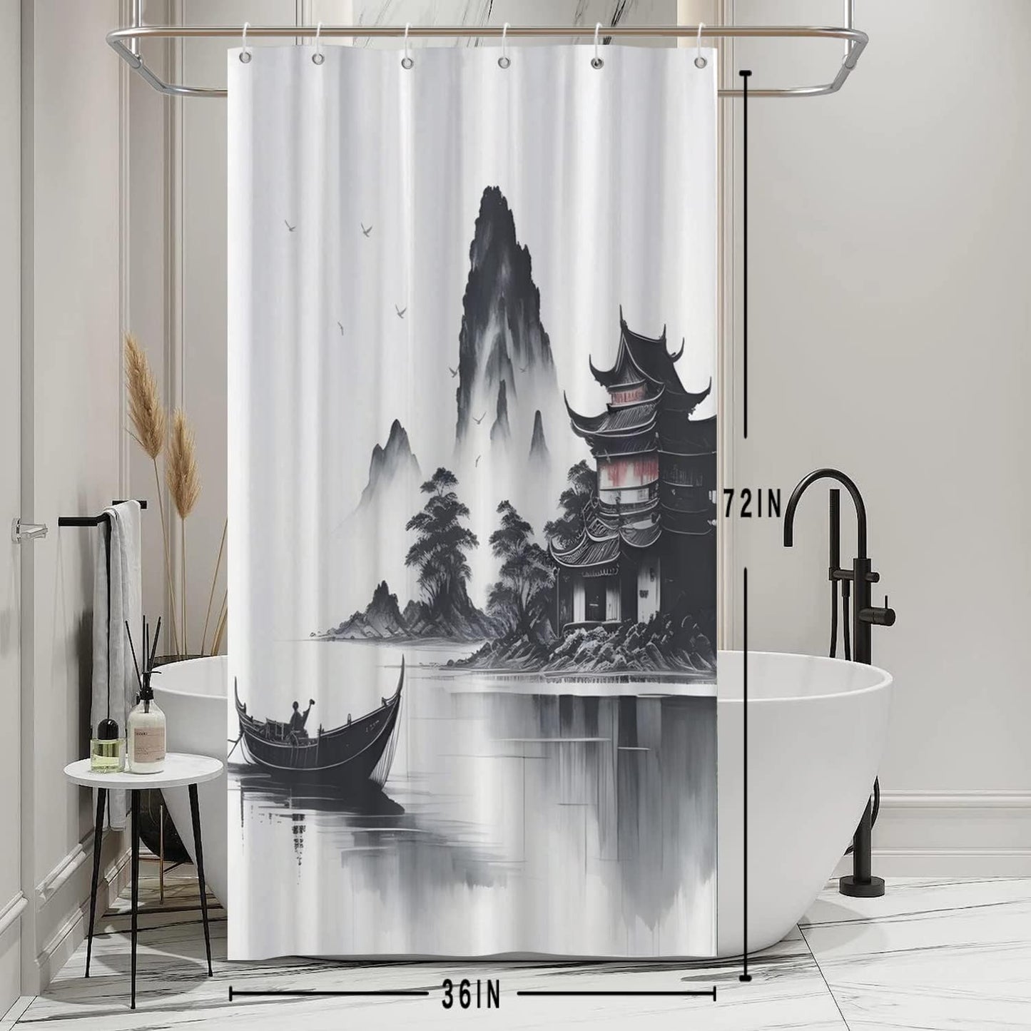 SDOTPMT 90x180cm Japanese Asian Ink Painting Shower Curtain Foggy Mountain Boat Wild Goose Bathtub Curtain Outdoor Natural Scenery Bath Curtain for
