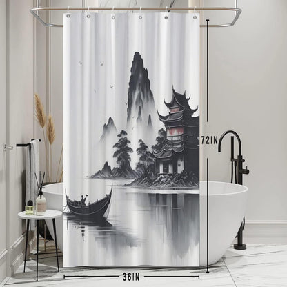 SDOTPMT 90x180cm Japanese Asian Ink Painting Shower Curtain Foggy Mountain Boat Wild Goose Bathtub Curtain Outdoor Natural Scenery Bath Curtain for