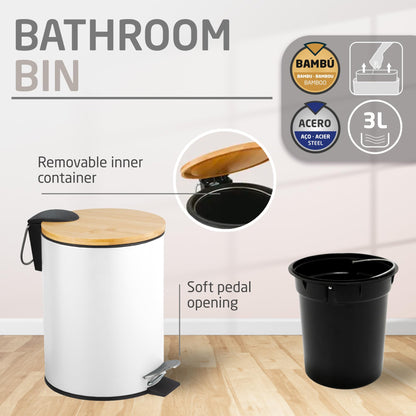 Amig - Naturline Bin and Toilet Brush Set - Ø168 x 230 mm - Steel and Bamboo - White - Compact and Coordinated Bathroom Set