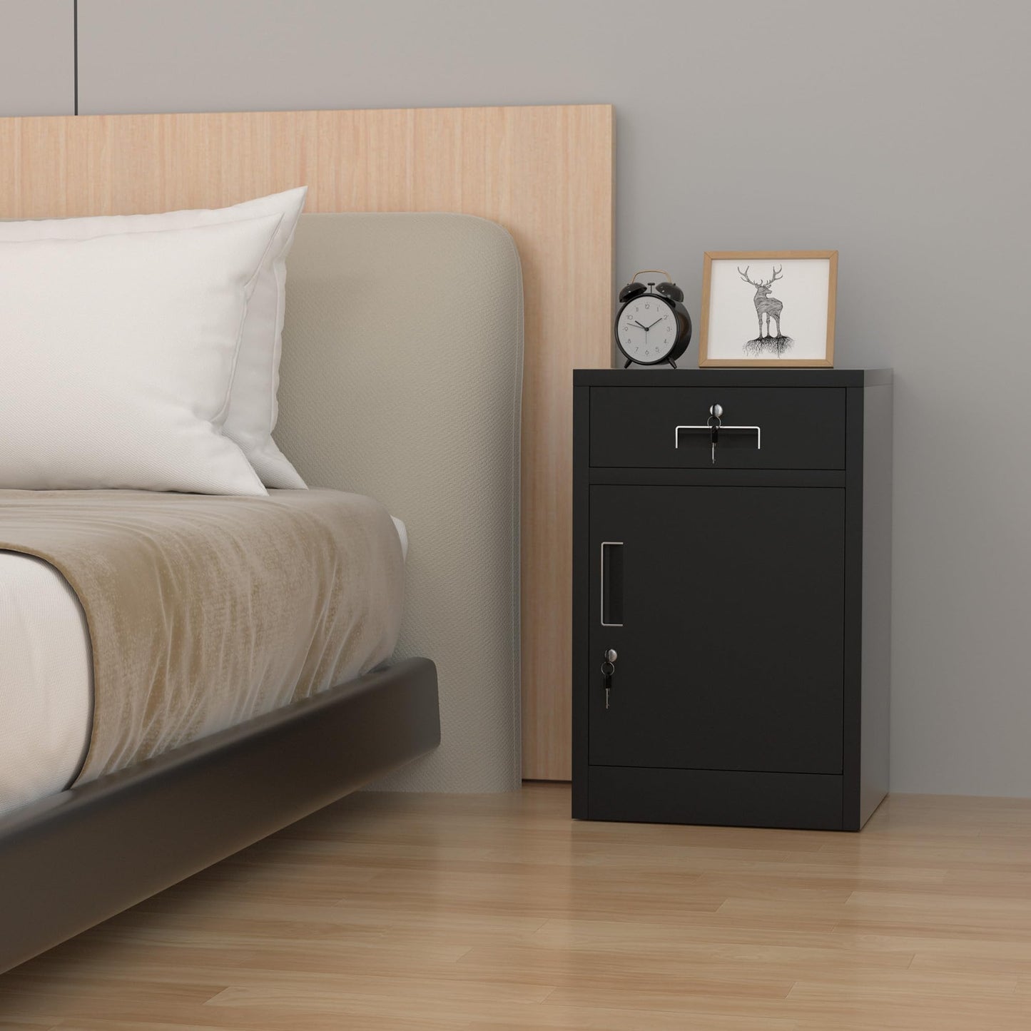 JINGUR Metal Storage Cabinet with Locking Door and Drawer, Lockable Drawer Chest with Adjustable Shelf for Home Office Bedroom Living Room (Black)