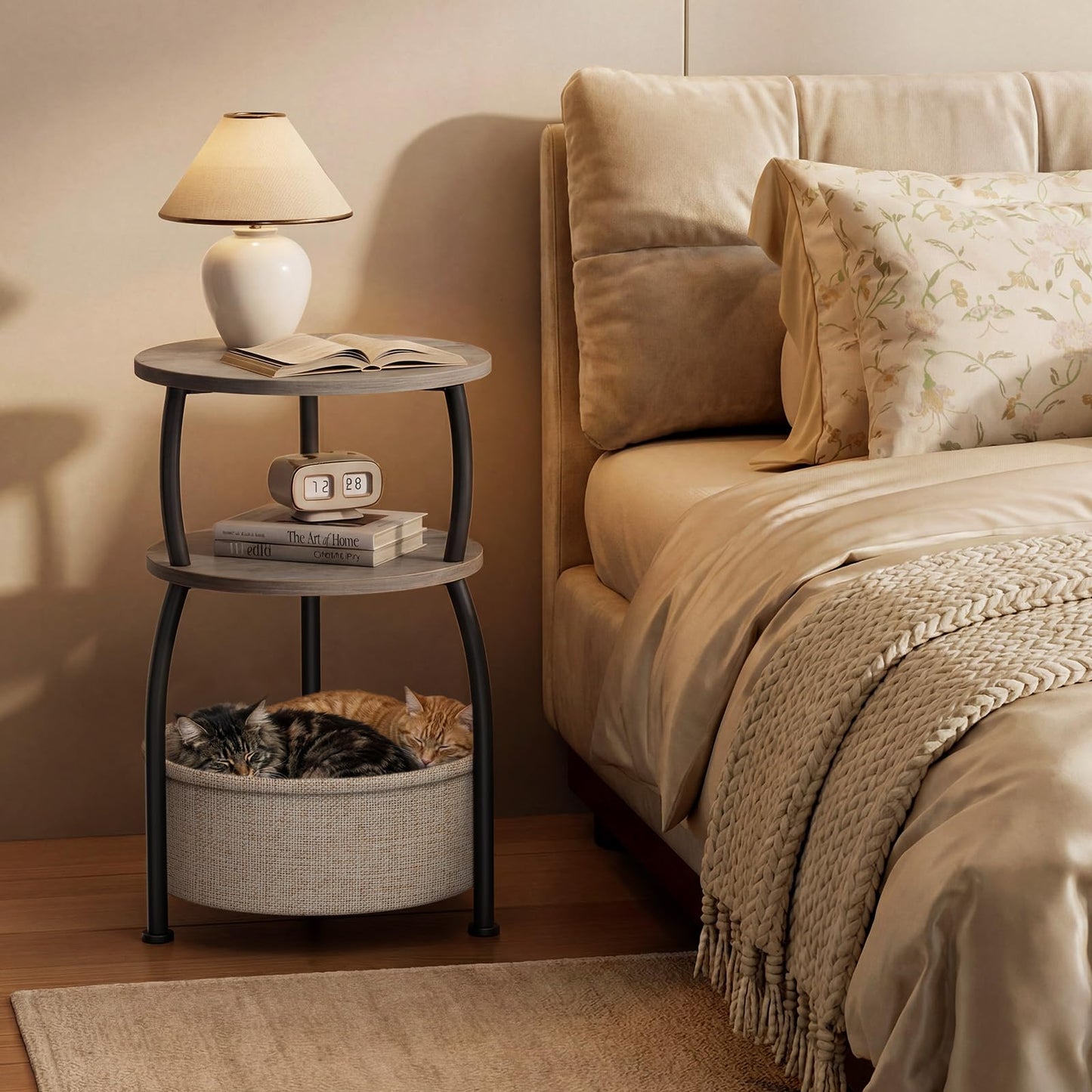 Yuede Side Table with Fabric Basket, Round End Table, 3 Tier Bedside Table, Coffee Table for Living Room, Bed Room, Modern, 40 x 61 cm, Gray