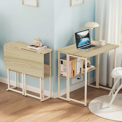 Fiutazge Folding Desk with Wheels, Small Folding Computer Table with Shelf, Folding Table for Home, Office, Industrial Design, Oak 80 x 58 x 75 cm