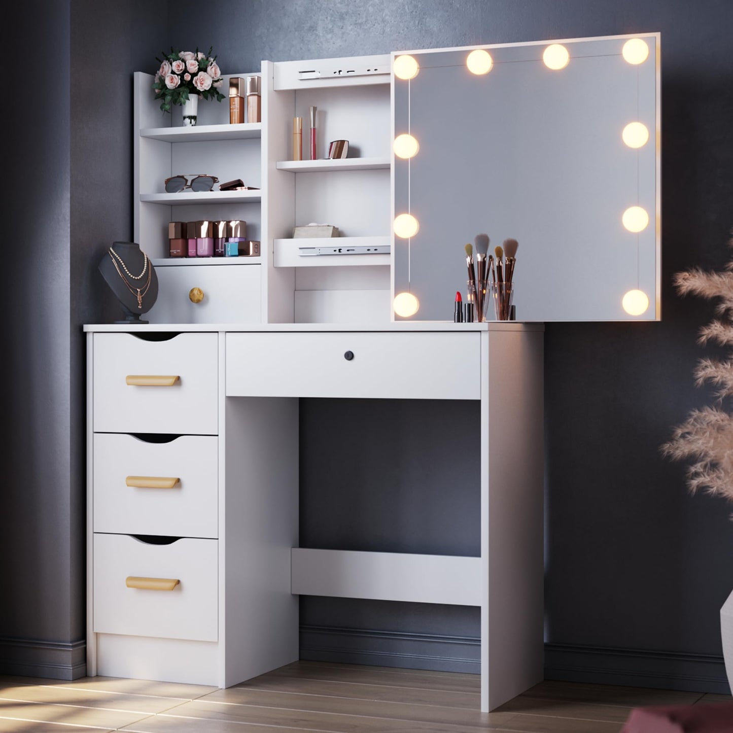 ELEGANT Dressing Table with Sliding Mirror and Hollywood LED Lights, Adjustable Brightness, Vanity Makeup Desk with 5 Drawers & 4 Hidden Shelves,