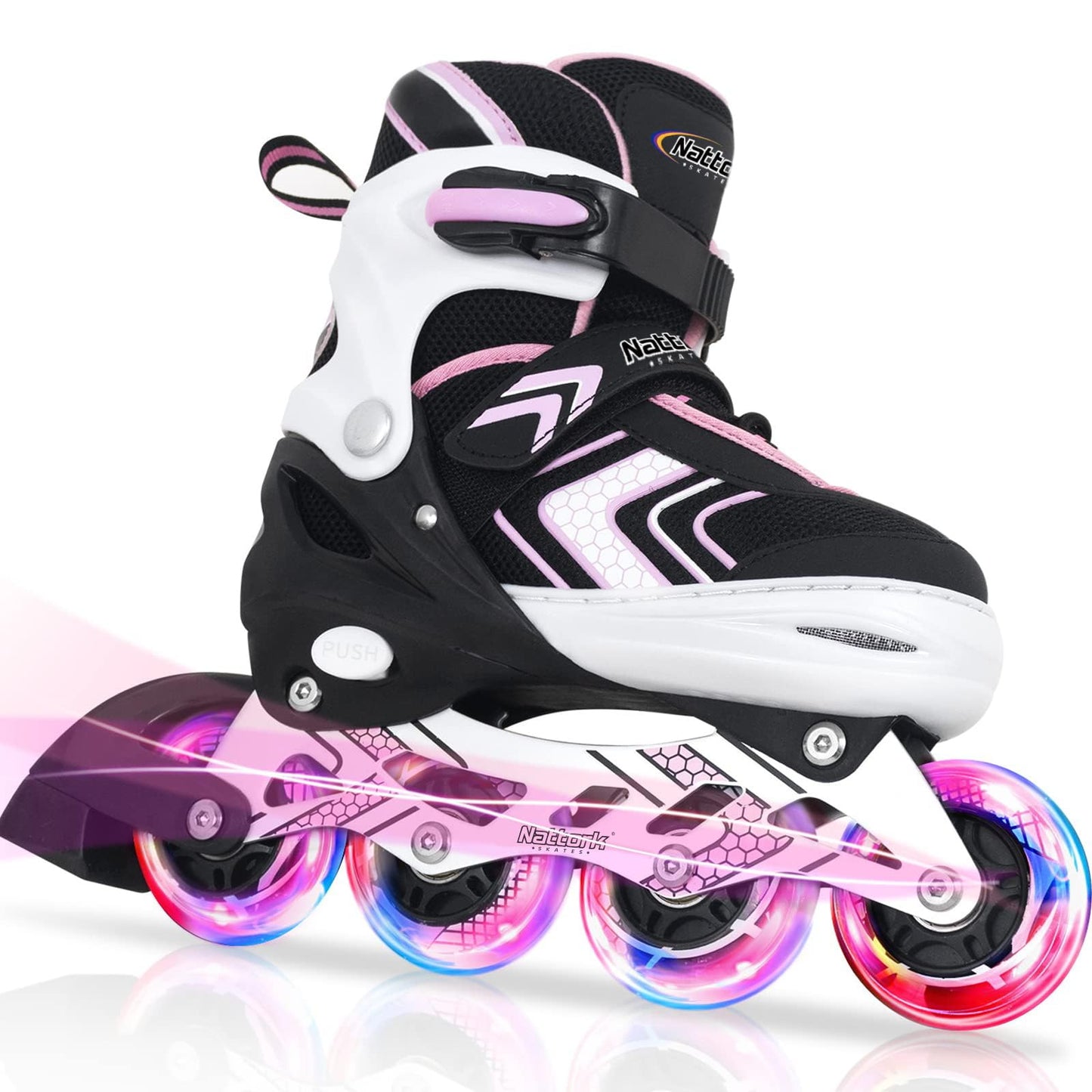 Nattork Roller Skates for Girls with Full Light up Wheels, Adjustable Beginner Inline Skates for Youth, Pink Ages 8-12