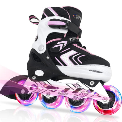 Nattork Roller Skates for Girls with Full Light up Wheels, Adjustable Beginner Inline Skates for Youth, Pink Ages 8-12