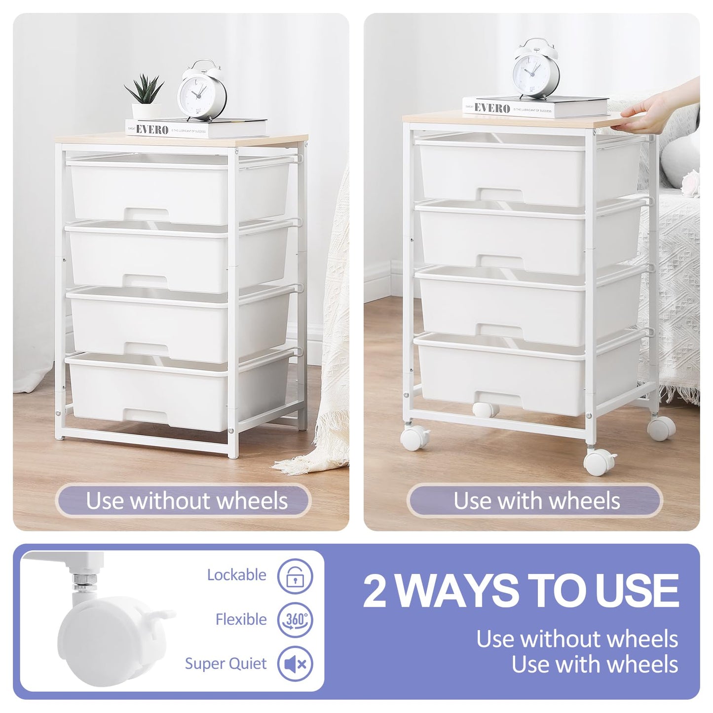 SYKIARIOL 4 Drawers Storage Trolley, Multipurpose Storage Drawer Unit with Lockable Wheels, Utility Rolling Storage Cart for Home Office Classroom,