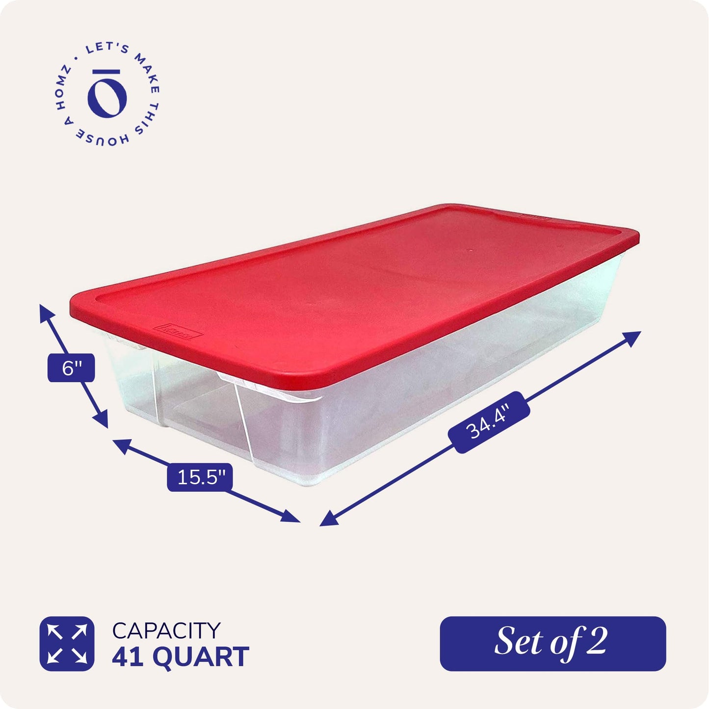 Homz Holiday Plastic Storage Bins, Resin, Getaway Solids, 41 Quart-34.38" x 15.5" x 6"