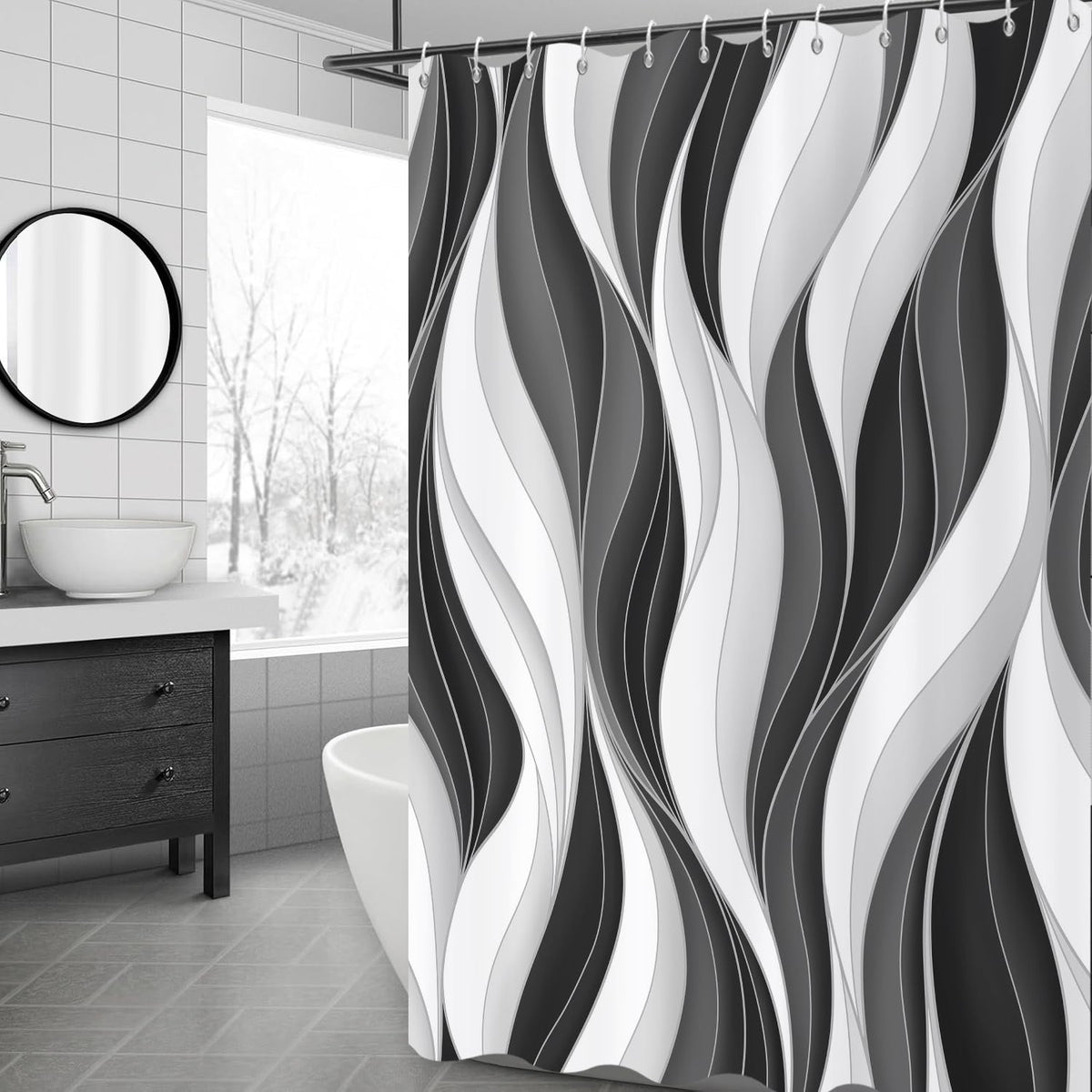 GCIREC Shower Curtain, 180x200cm, Modern Abstract White Black Grey Ombre Striped Minimalist Art Waterproof Fabric Machine Washable Bathroom Curtain