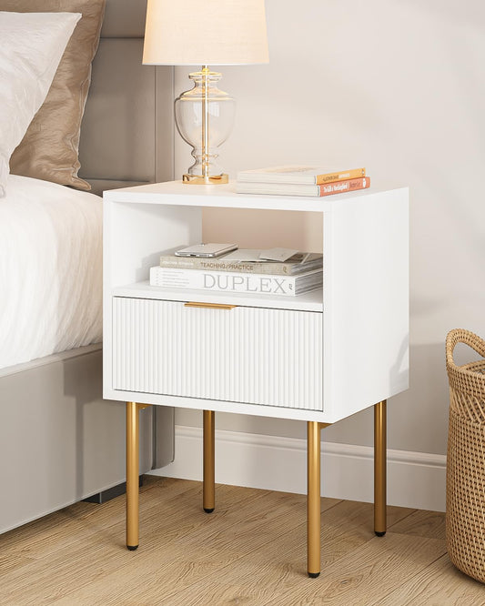 HEYZOEY Bedside Table, Small Bedside Cabinet with Drawer and Storage Shelf, Wooden Nightstand End Sofa Side Table with Gold Frame for Bedroom, Living