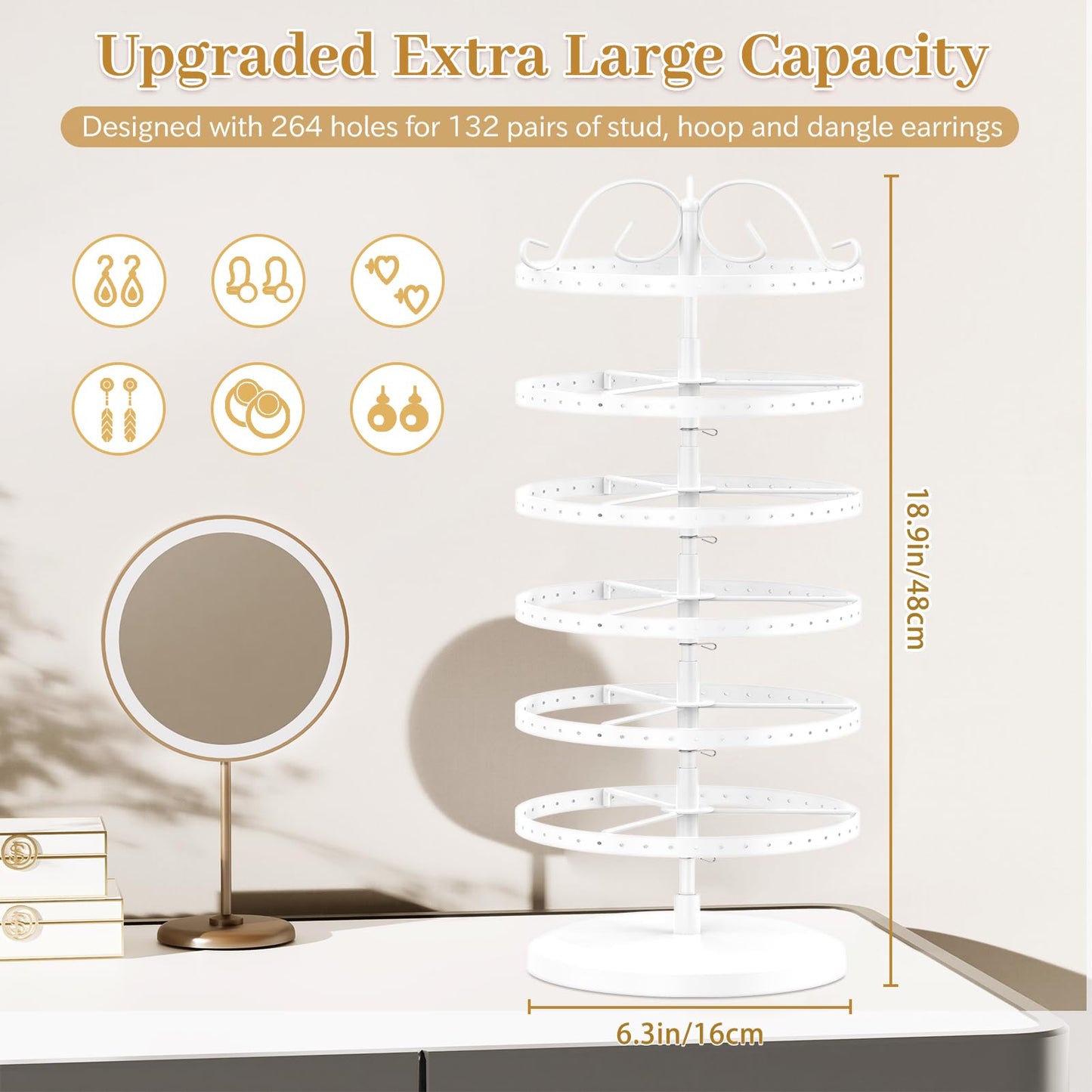 TANOSAN Rotating Earring Holder Organizer Stand, 6 Tiers Metal Tree, White