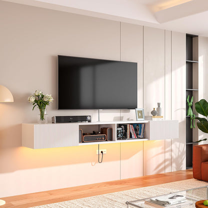 FloatiCasa 180cm White Plywood Floating TV Stand, Fluted Doors & Cabinets