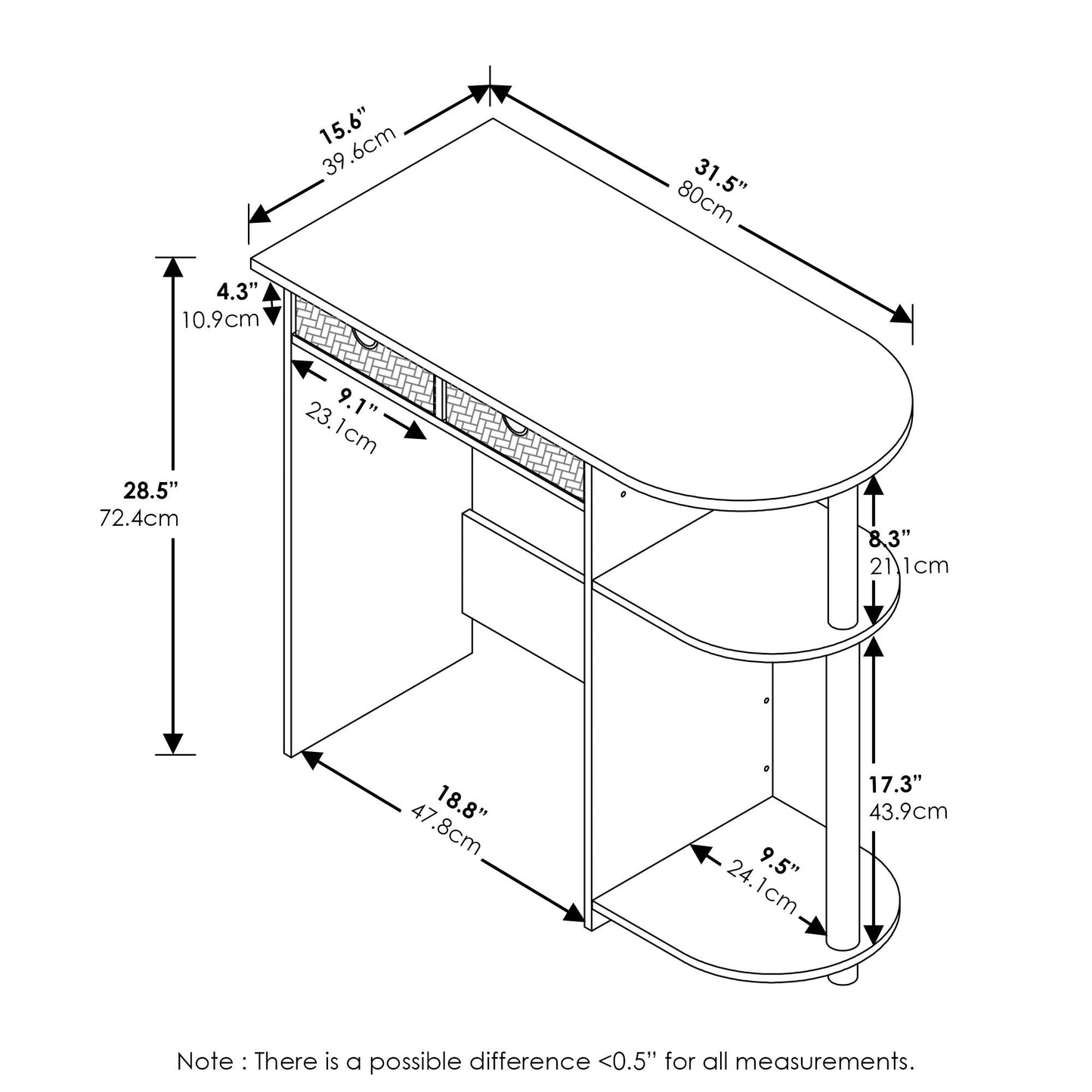 Furinno GO GREEN Desk, 80 cm Wide Gaming Desk with 2 Side Shelves and Storage Bins, Computer Desk, Office Desk for Home Office, Study Room, Dorm