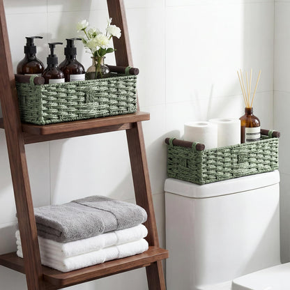 Paper Rope Storage Wicker Baskets for Toilet Tank Top with Wooden Handle Small Decorative Organizer Bin Rectangular Tray for Countertop Shelf Green
