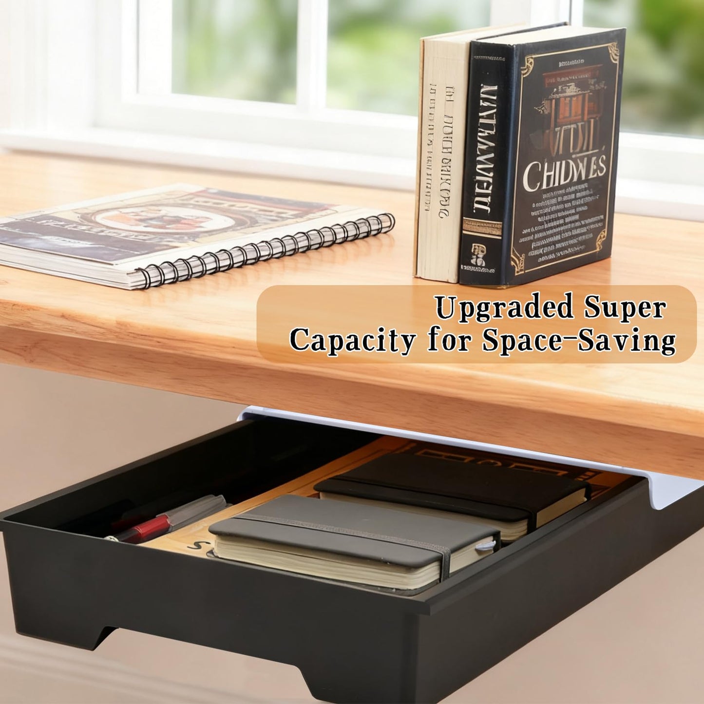 Hi-ERA 10.91"x 8.23" Under Desk Drawer Storage Organizer, Durable PC Material Self-Adhesive with Slide Out Rail