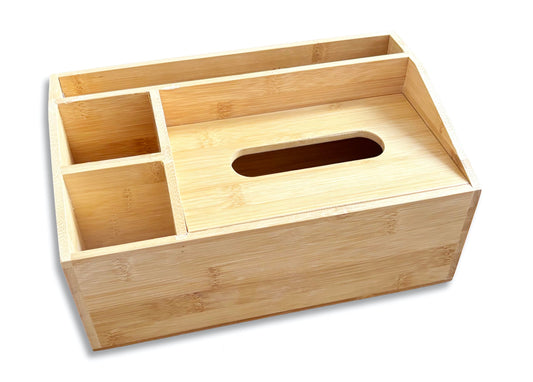 Natural Bamboo Wooden Multi-Function Tissue Box Holder - 4 Compartment Desk Organiser - Remote Control Holder Tissue Dispenser - Stationary Organiser