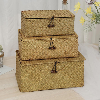YSGLIFE Set of 3 Rectangular Storage Shelf Basket with Lid Seagrass Rattan Woven Multipurpose Organizer Boxes for Clothes, Makeup