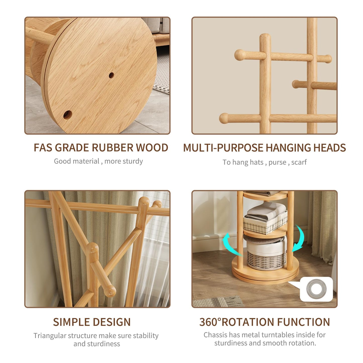 AQIMUELE Coat Stand, Woodem Coat Rack Stand with 3 Storage Shelves, Freestanding - Rotatable Coat Hanger Stand, Sturdy and Easy Assembly for Hallway