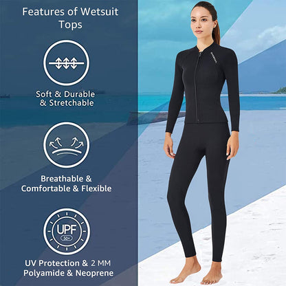 EUPTE 2mm Wetsuits Women/Men Long Sleeve Jacket UPF50+ UV Protection Diving Skin Suit Top for Scuba Diving Snorkeling Surfing Swimming (women, S)