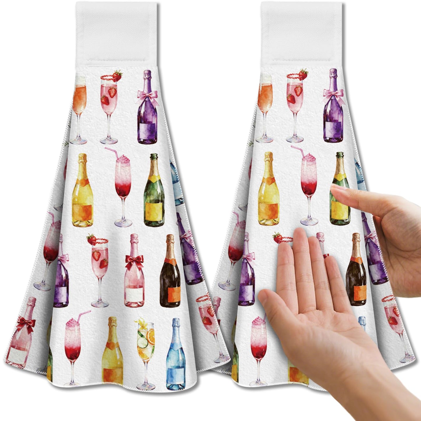 CUTHOLLOW 2Pcs Champagne Cocktails Bottles Tea Towels for Kitchen with Loop, 31.5x43.5cm Soft Absorbent Microfiber Decorative Hanging Dish Towel, Tea,