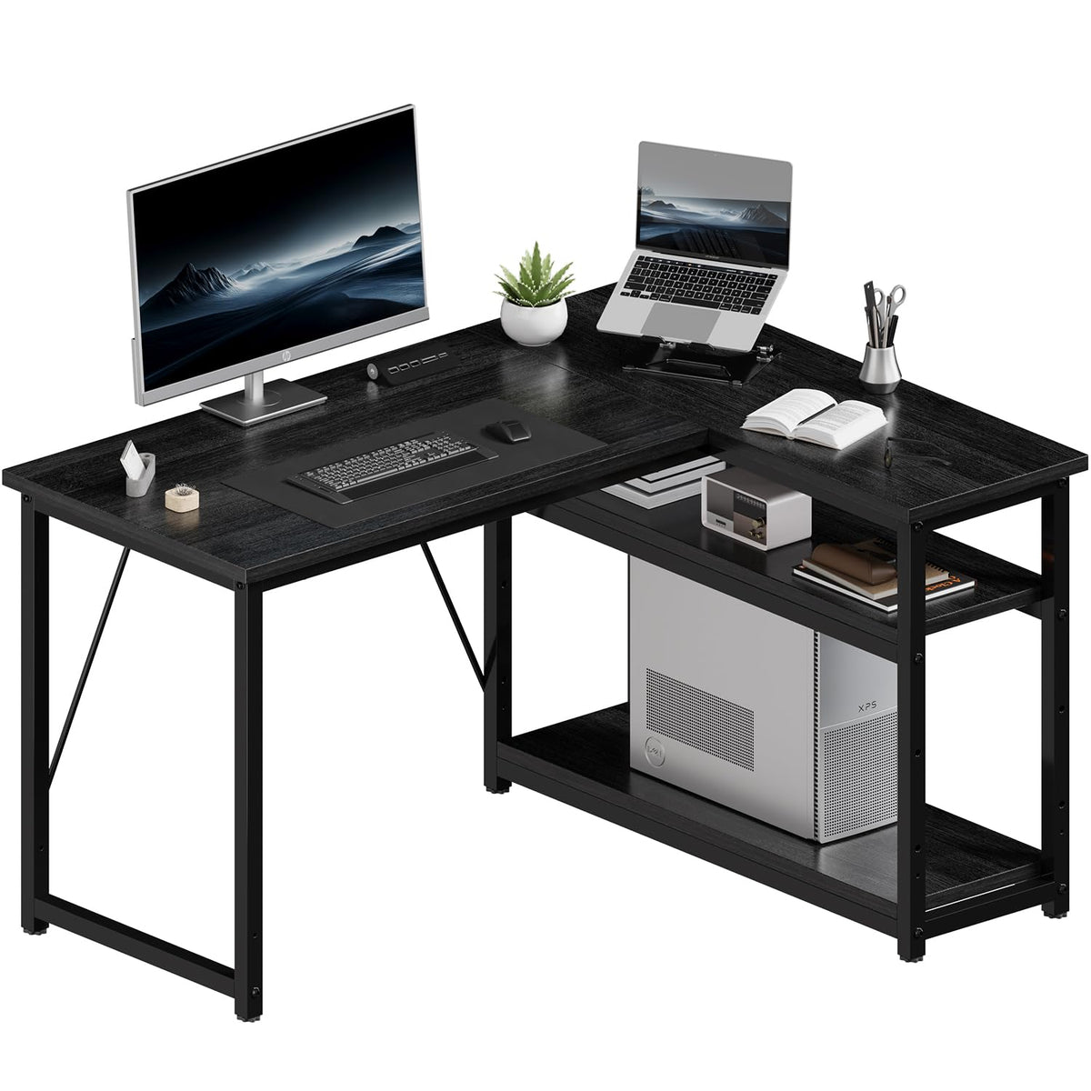JUMMICO Small 100x80cm L-Shaped Corner Desk with Storage,Compact Corner Computer Desk for Home Office, Black