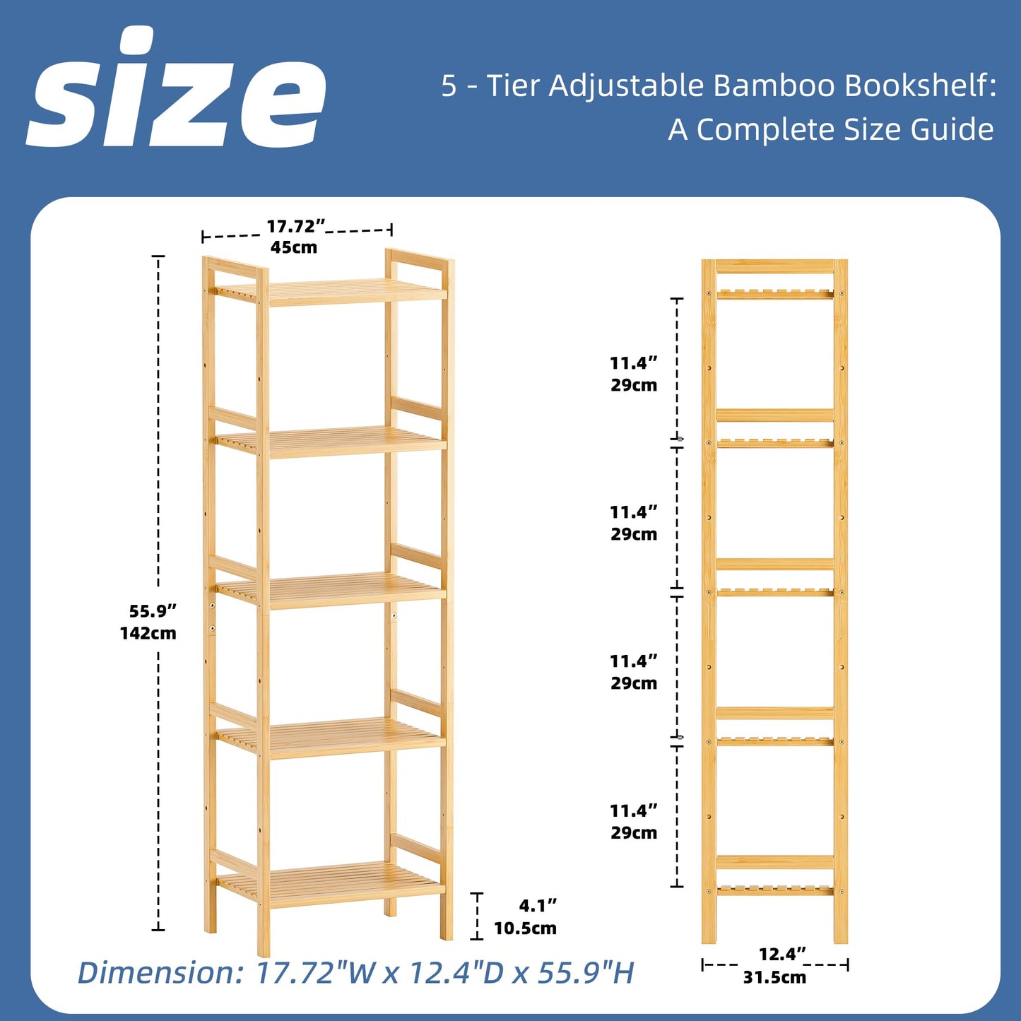 HITNET 5-Tier Bamboo Bookshelf, Tall Narrow Adjustable Bookcase, Freestanding Storage Shelf Unit for Living Room, Bathroom, Kitchen, Natural