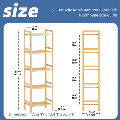 HITNET 5-Tier Bamboo Bookshelf, Tall Narrow Adjustable Bookcase, Freestanding Storage Shelf Unit for Living Room, Bathroom, Kitchen, Natural