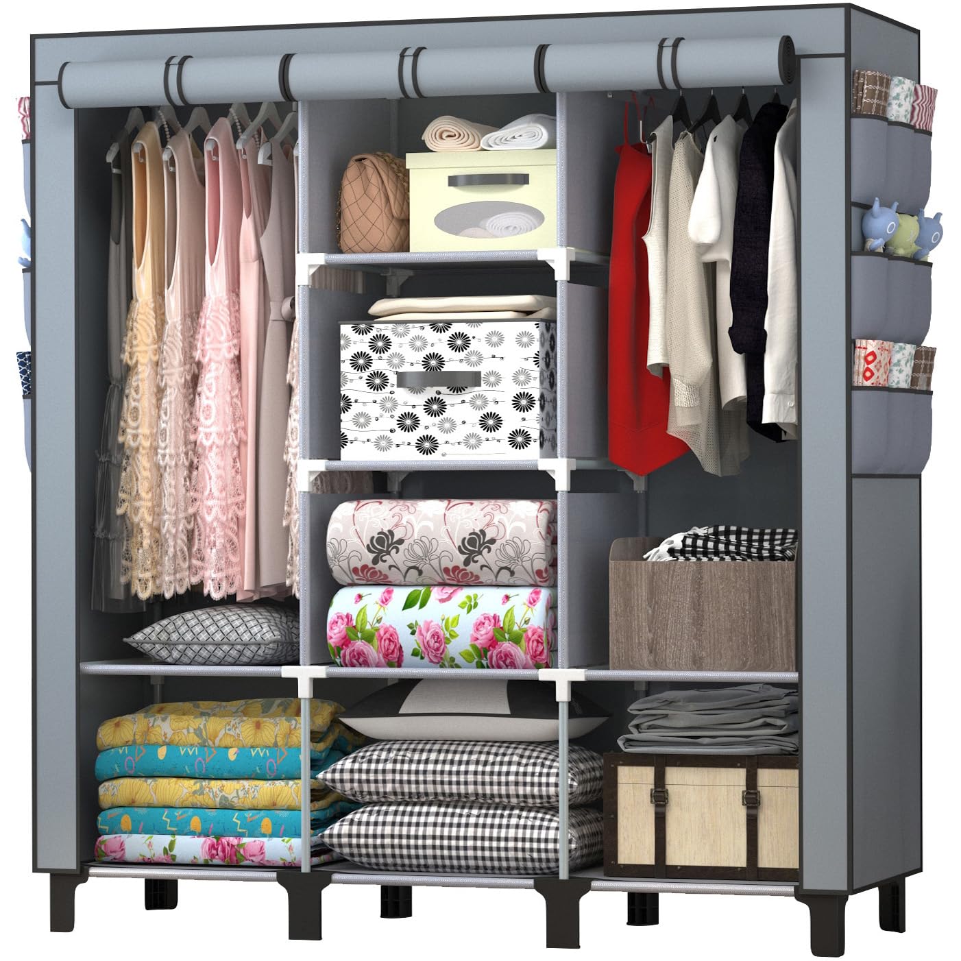 chunyangjingpin Portable Closet with 2 Hanging Rails & 8 Shelves, Bedroom Wardrobe with 18 Side Pockets, Foldable Garment Organiser (Grey)