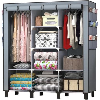 chunyangjingpin Portable Closet with 2 Hanging Rails & 8 Shelves, Bedroom Wardrobe with 18 Side Pockets, Foldable Garment Organiser (Grey)