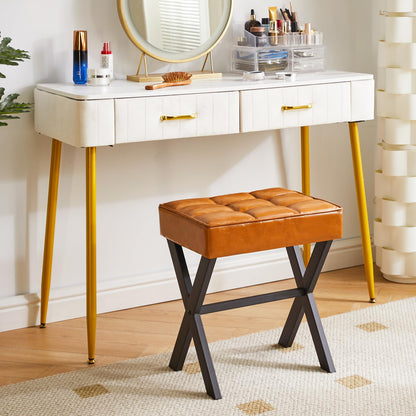 IBUYKE Square Makeup Stool with X-Leg, PU Vanity Chair, Light Brown L/G-71J