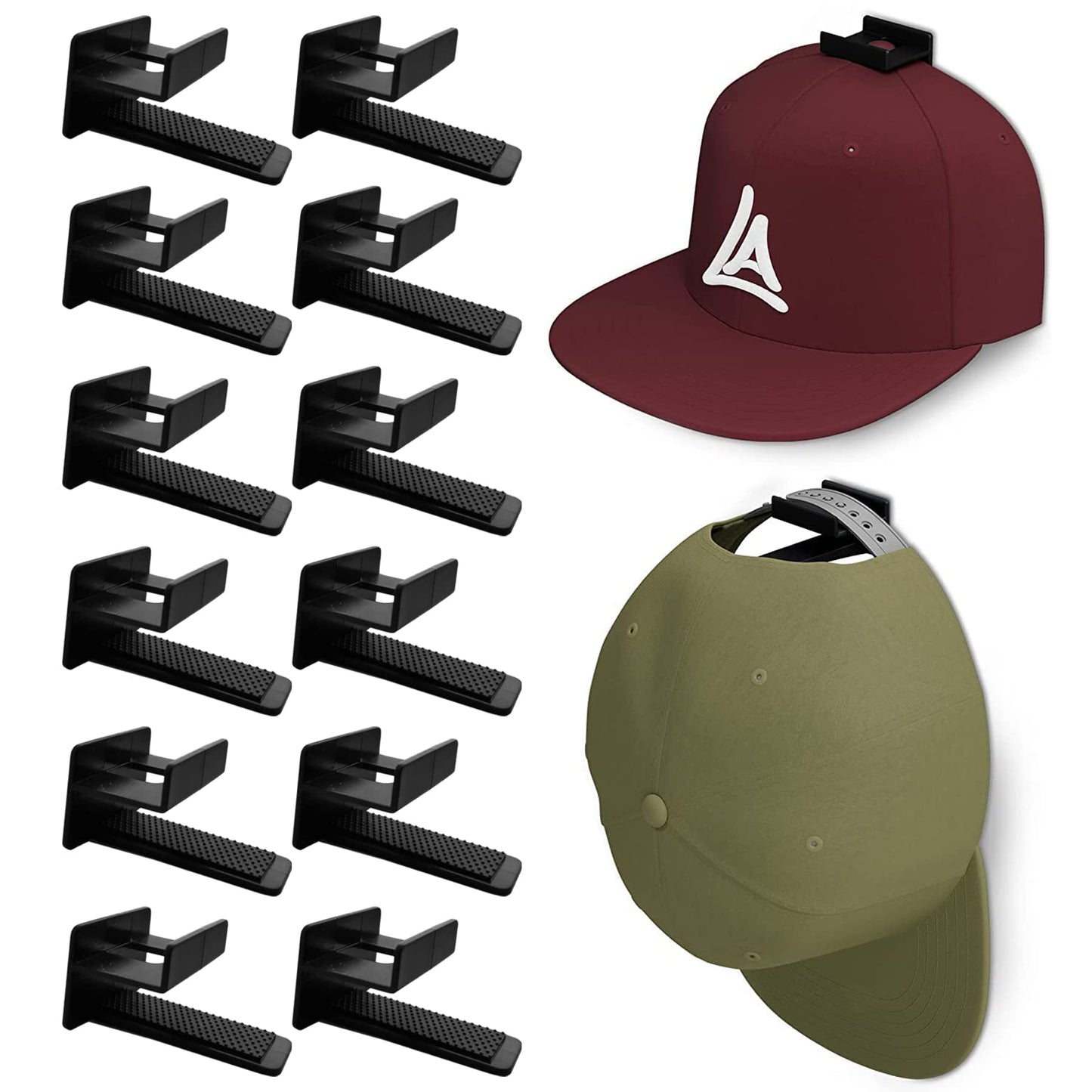 Baoswi Adhesive Hat Rack Display Hooks for Wall & Door (12 Pack) Baseball Cap Holder, Closet & Storage Organiser