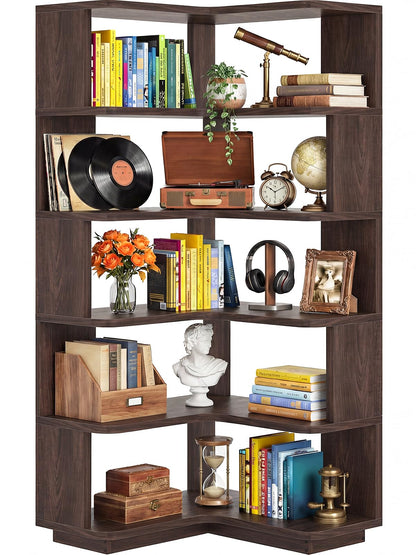 iSunirm 5-Tier Corner Bookshelf, L-Shaped Bookcase, Space-Saving Freestanding Corner Display Shelf Unit for Living Room & Bedroom, 162x60x60cm