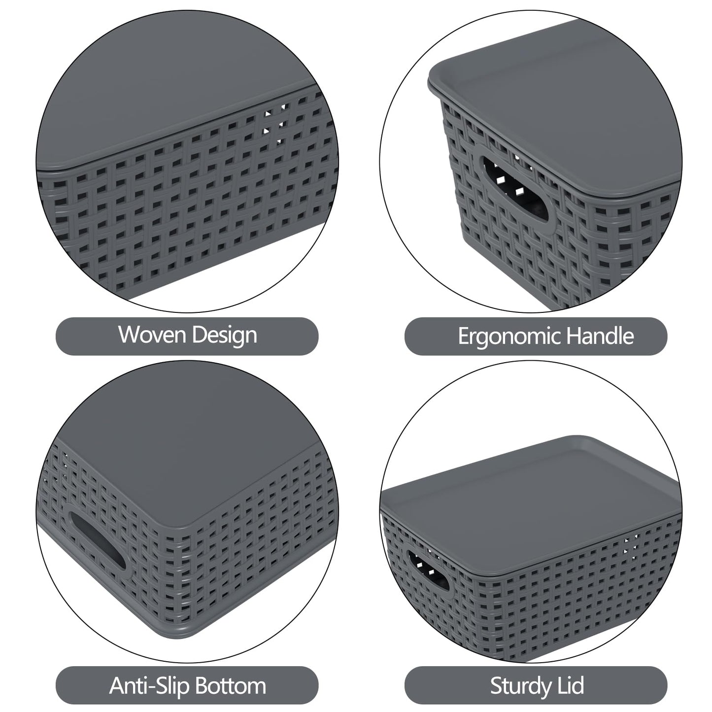 Ysmiltion Plastic Storage Baskets Bins with Lid and Handle, 6 Pack, Gray