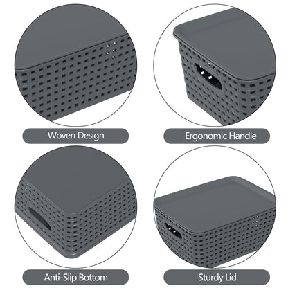 Ysmiltion Plastic Storage Baskets Bins with Lid and Handle, 6 Pack, Gray