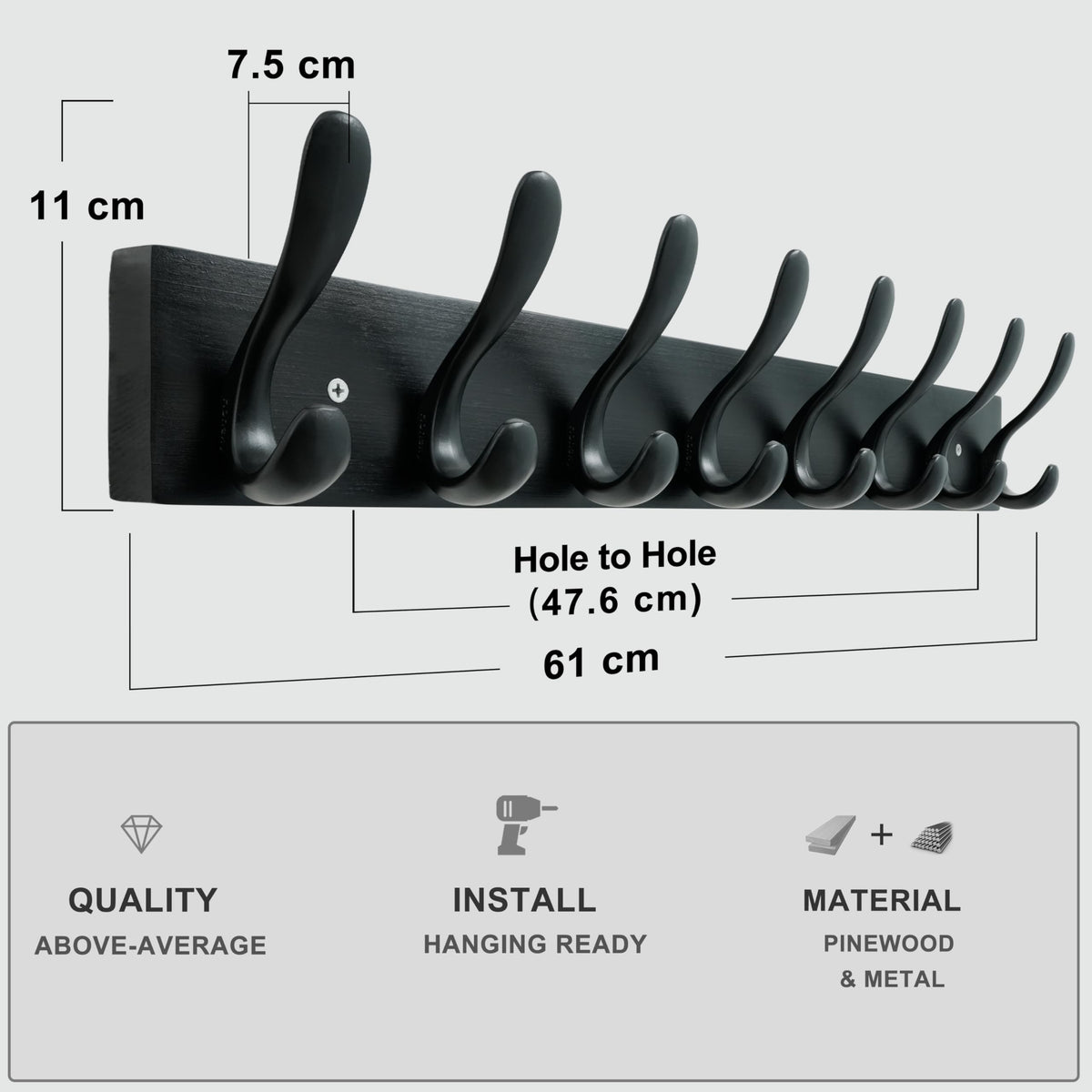 HONSKY Wall Coat Rack, 61cm Wooden Coat Hanger with 8 Double Hooks,Wall Coat Hook,Towel Rack Hanging Coat,Towel,Bag for Entryway, Hallway, Bedroom