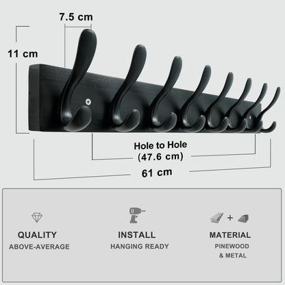 HONSKY Wall Coat Rack, 61cm Wooden Coat Hanger with 8 Double Hooks,Wall Coat Hook,Towel Rack Hanging Coat,Towel,Bag for Entryway, Hallway, Bedroom