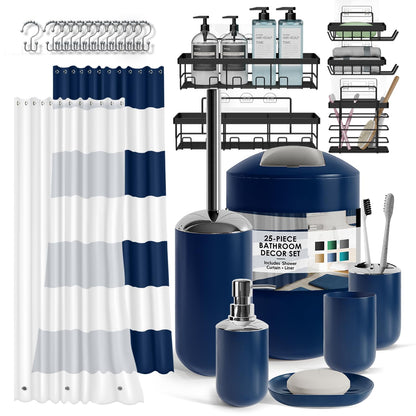 Clara Clark Bathroom Set - Bathroom Set with Adhesive Corner Shower Caddy Hanging, 25PC Bathroom Accessory Set, Navy Shower Curtain Set, Toilet Brush