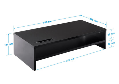 Ttap Black Wooden Monitor Two Shelf Stand Computer Laptop TV Screen Riser Desk Organiser 54cm L x 24.5cm D x 14.4cm H (with Smartphone holder)