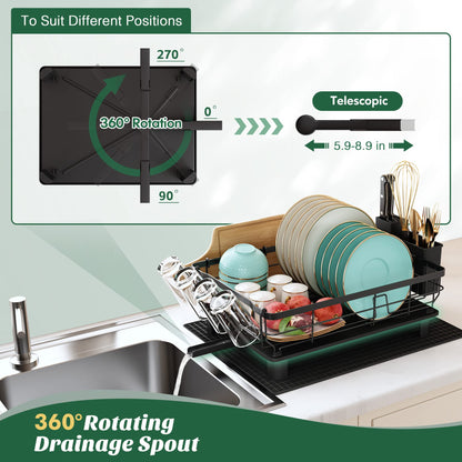 MAJALiS Dish Drainer Rack with Drip Tray, Dish Drainer with 360 Swivel Spout and Drainer Mat, Stainless Steel Dish Rack with Cup Holder and Cutting
