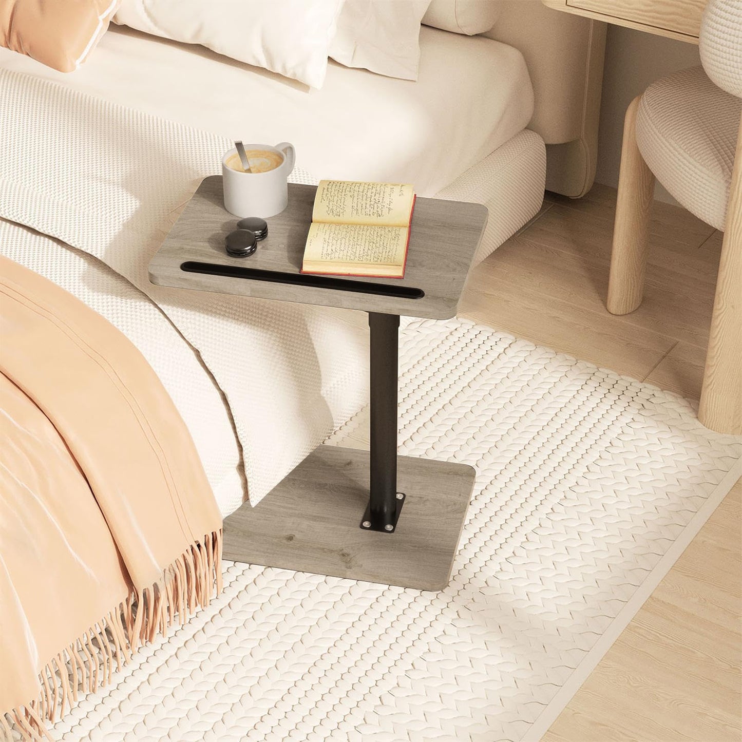 YUHFERA Couch Side Table - 360Swivel Height Adjustable End Table,Sofa Armrest Tray Table,Snack Side Table for Bed or Chair with Phone & Tablet