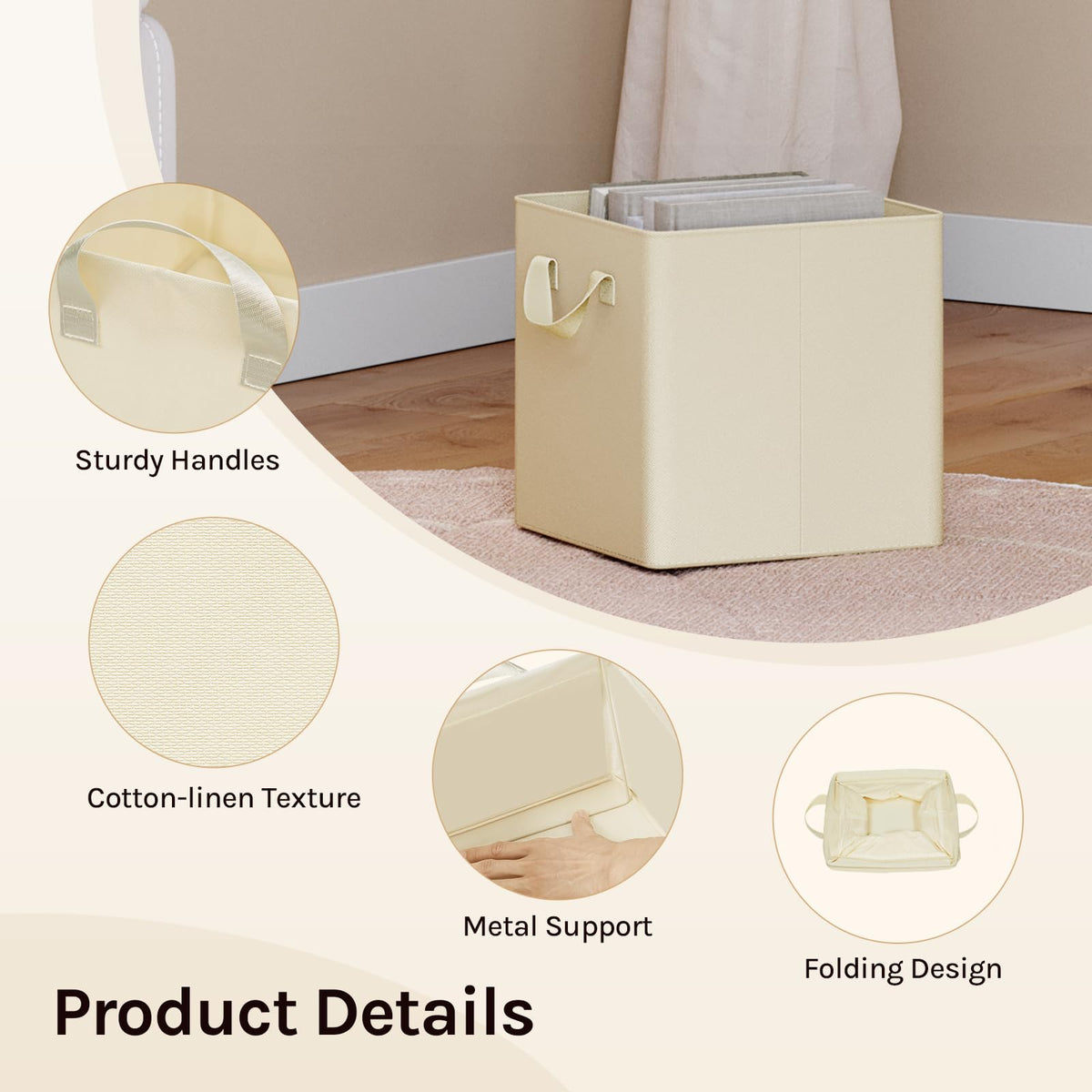 WOLTU Fabric Storage Boxes Set of 5, Collapsible Cube Baskets with Handles and Metal Frame, Wardrobe Organisers for Bedroom, Living Room, Study