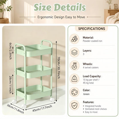 Siocok 3 Tier Metal Storage Trolley on Wheels, Storage Cart, Rolling Utility Cart, Easy Assembly for Home Kitchen, Bathroom Laundry and Office (Green)