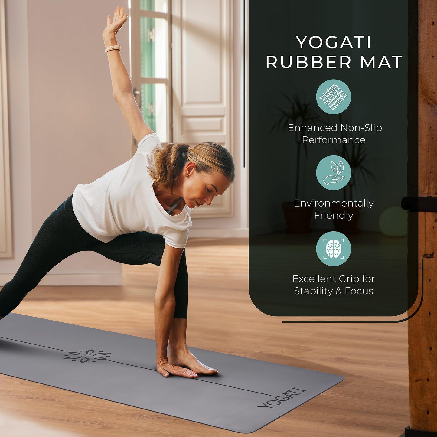 YOGATI Natural Rubber Yoga Mat with Yoga Bag and Carry Strap. Non-Slip Yoga Mat for women and men with Alignment lines. Perfect Exercise Mat for home.