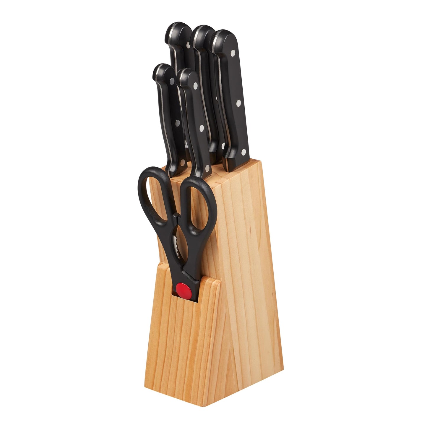 Chef Aid 7 Piece Knife Block Set, Pinewood Knife Block with 5 Kitchen Knives and All-Purpose Scissors, All with Shaped Grip Handles