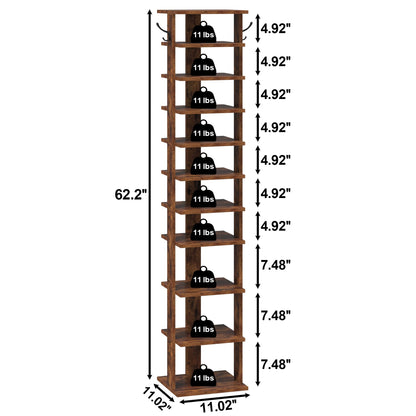 HOME BI 11-Tier Vertical Shoe Rack, Corner Shoe Tower, Slim Shoe Organizer with Two Hanging Hooks, Wooden Shoe Storage Stand for Entryway, Hallway