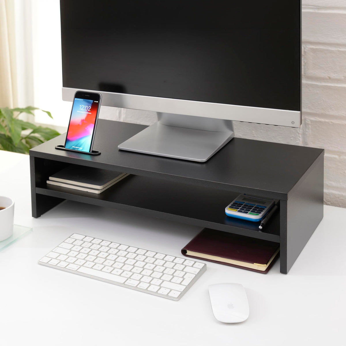 Ttap Black Wooden Monitor Two Shelf Stand Computer Laptop TV Screen Riser Desk Organiser 54cm L x 24.5cm D x 14.4cm H (with Smartphone holder)