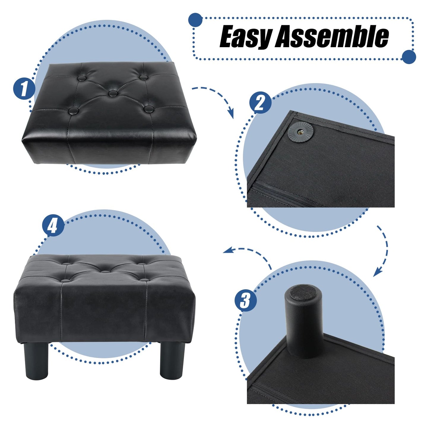 BRIAN & DANY Small Foot Stool, Faux Leather Footstool with Legs, Footstools for Living Room, Footrest Extra Seating for Entryway, Black
